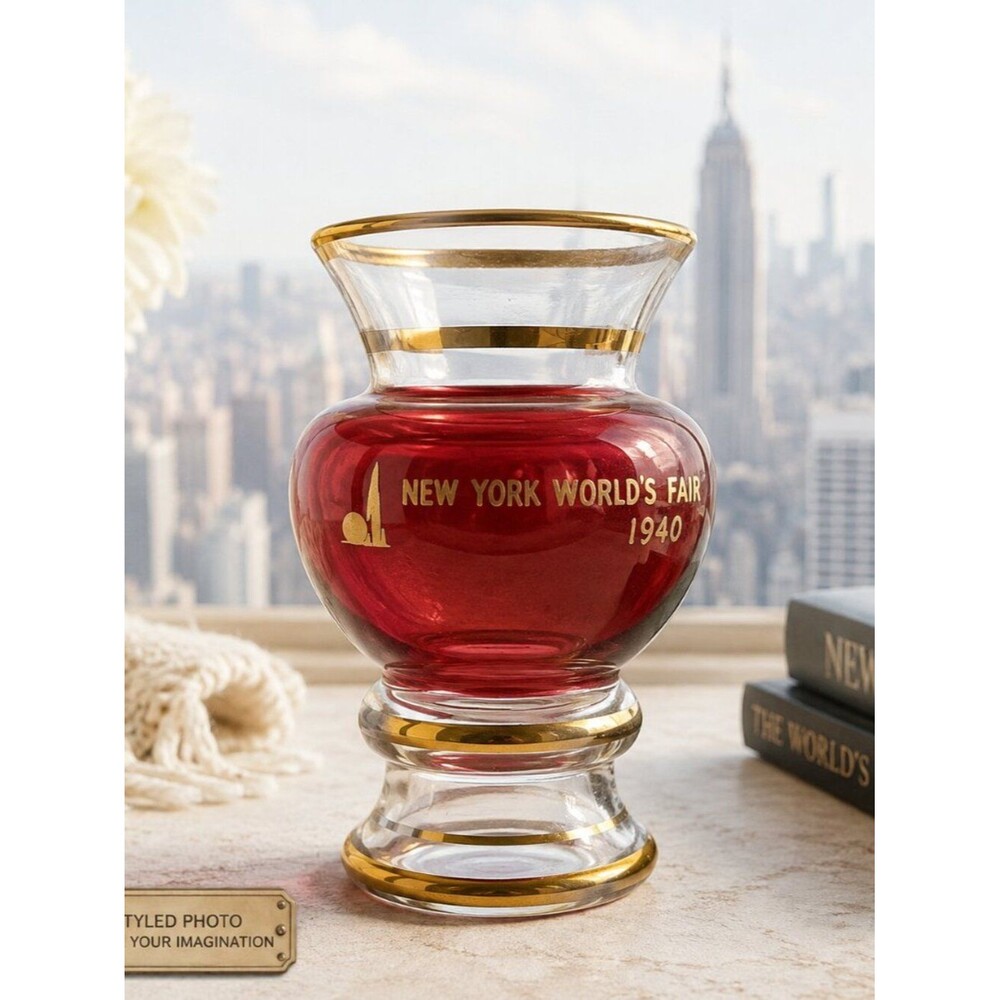 1940 New York World's Fair Souvenir Vase | Ruby/Cranberry Glass with Gold Trim